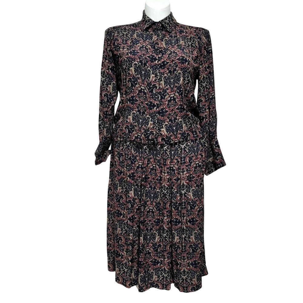 Jones NY Vintage 2pc Set Paisley Rayon Shirt & Pleated Midi Skirt 14‎ Dark Fall